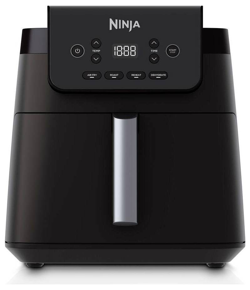 Black Ninja air fryer with digital display, temperature and time controls, and preset buttons for air fry, roast, reheat, and dehydrate.