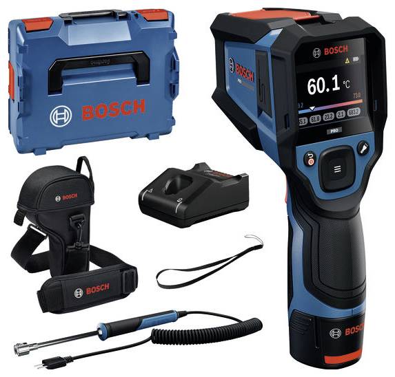 Bosch infrared thermal camera kit with carrying case, battery charger, strap, and probe accessory displayed on a white background.