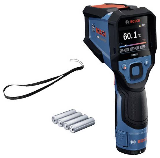 Bosch handheld thermal imaging camera with wrist strap and four batteries shown on a white background.