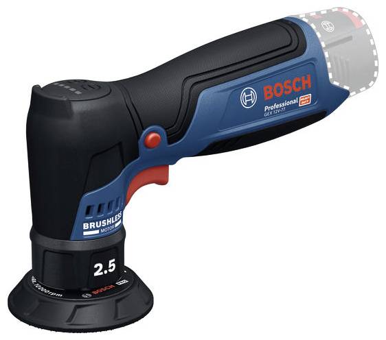 Cordless Bosch Professional right-angle rotary tool with black and blue body, brushless motor, and 2.5 Ah battery base.