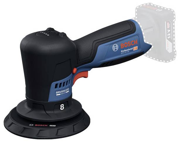 Bosch cordless random orbital sander with 8-inch sanding pad and brushless motor, shown with a translucent battery pack attachment area.