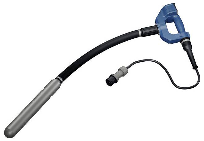 Blue handheld electric device with a long black hose and gray cylindrical nozzle, shown on a white background.