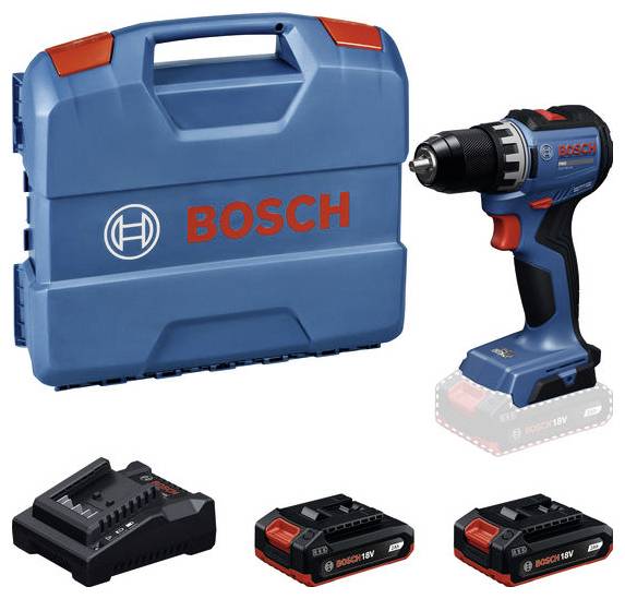 Bosch cordless drill with blue carrying case and three 18V battery/charger accessories on a white background.