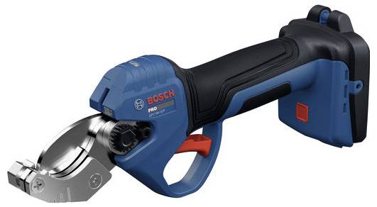 Bosch cordless cable cutter with blue-and-black body, red trigger, and metal cutting head on a white background