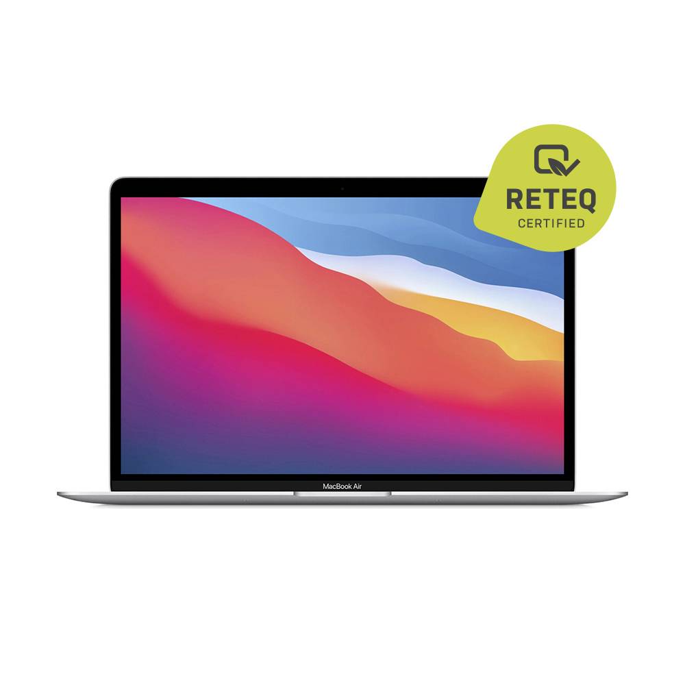 Silver MacBook Air laptop on a white background with a yellow 'RETEQ CERTIFIED' badge in the top right.