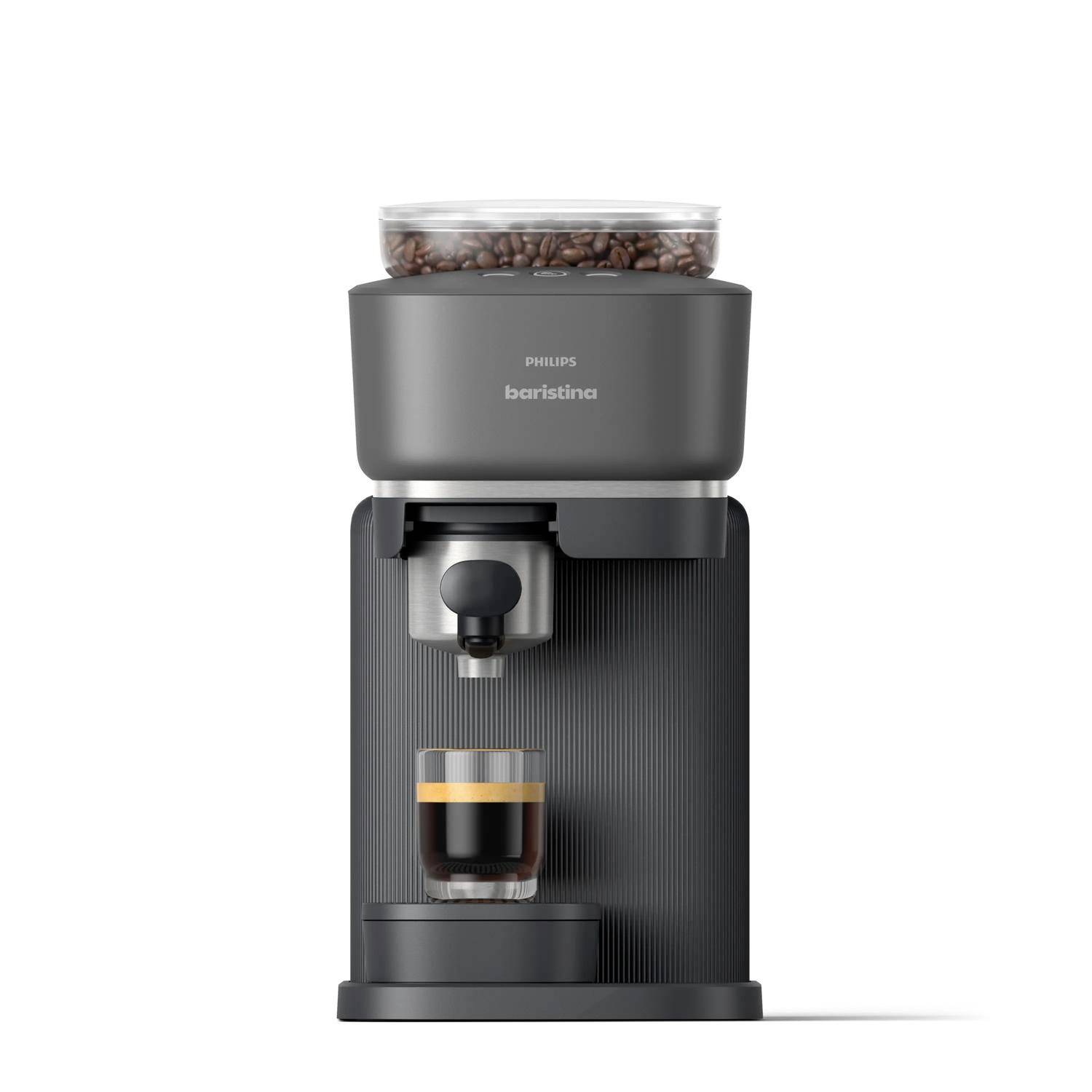 Front-facing Philips Baristina coffee machine with beans in hopper and a glass espresso cup under the dispenser.
