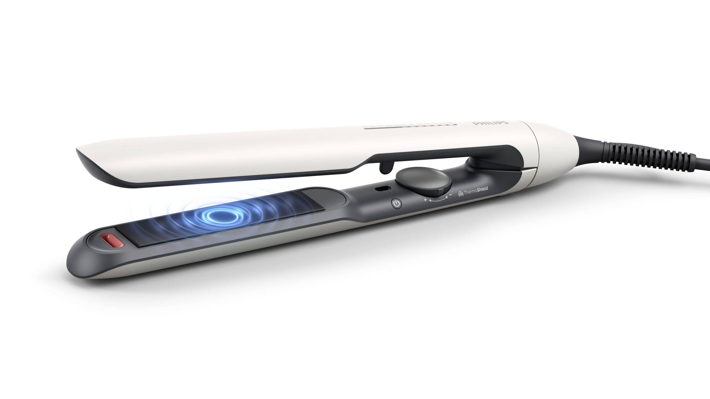 White electric hair straightener with a blue glowing heated plate, shown partially open on a white background
