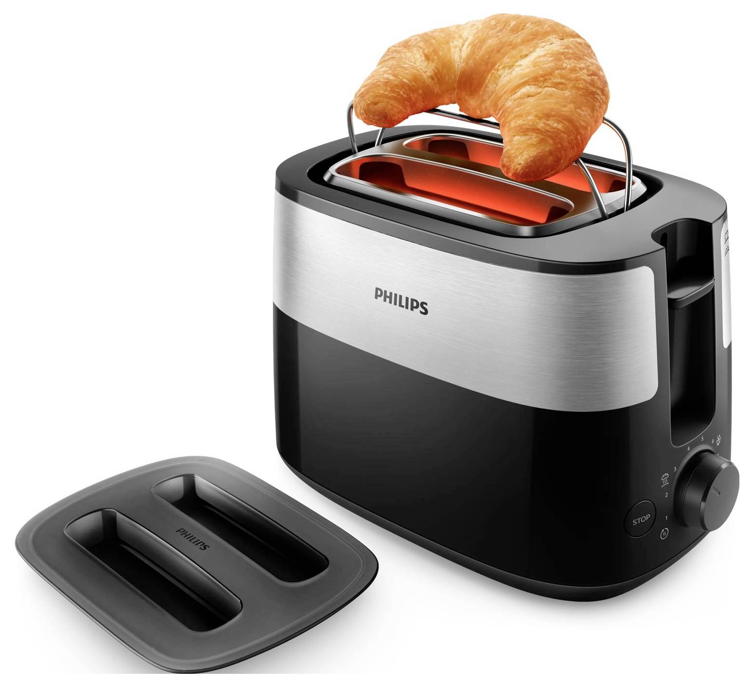 Philips two-slice toaster with a croissant warming rack on top and a removable crumb tray shown beside it.