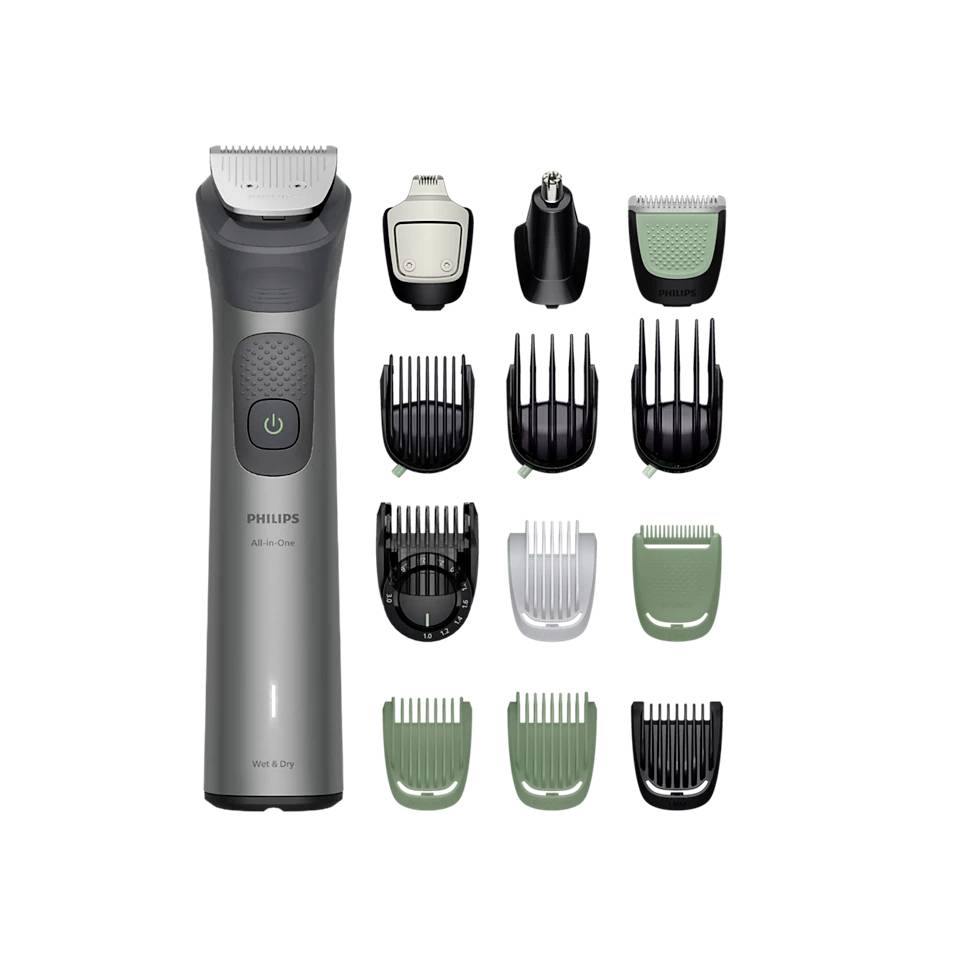 Philips all-in-one trimmer with multiple detachable combs and attachments arranged beside the main device on a white background.
