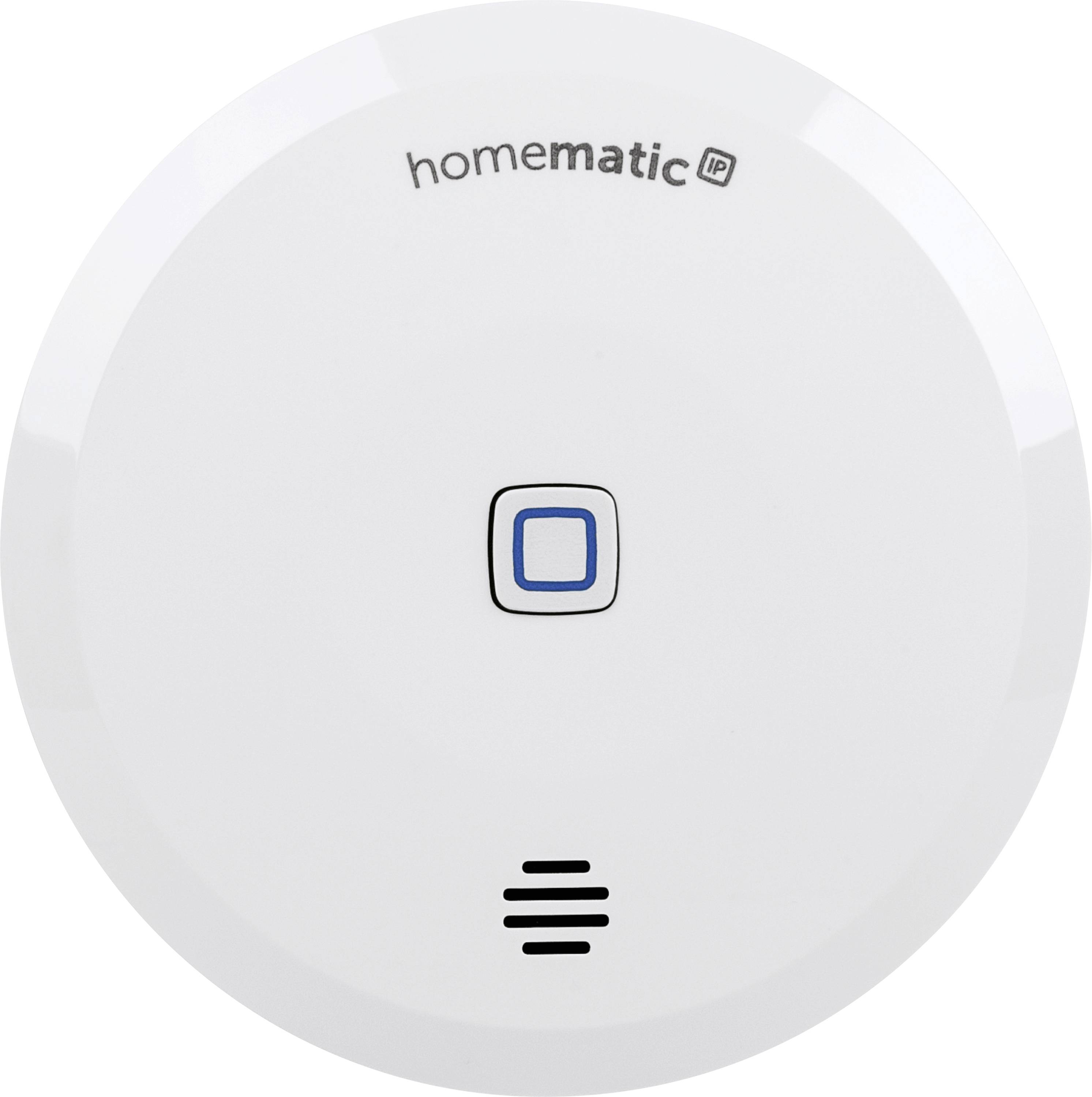 White Homematic IP smart home device with a central button and small speaker grille near the bottom.