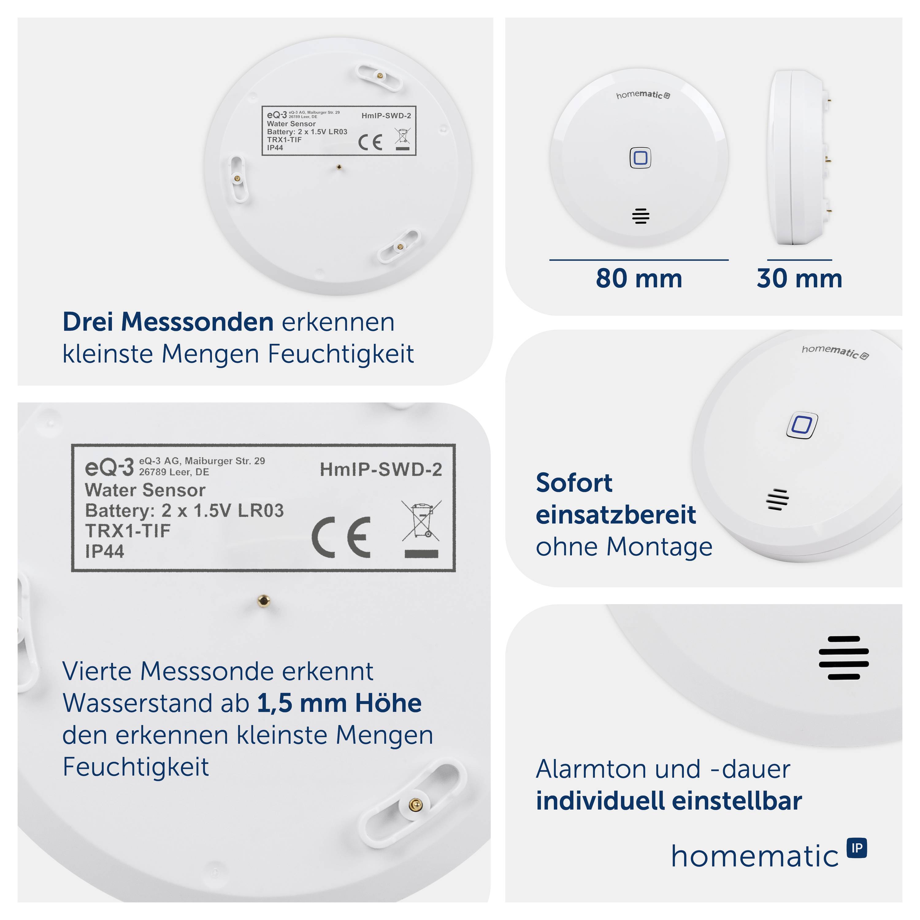 Collage of a Homematic IP water sensor: detects minute moisture, measures water level from 1.5 mm, ready for immediate use, adjustable alarm volume.