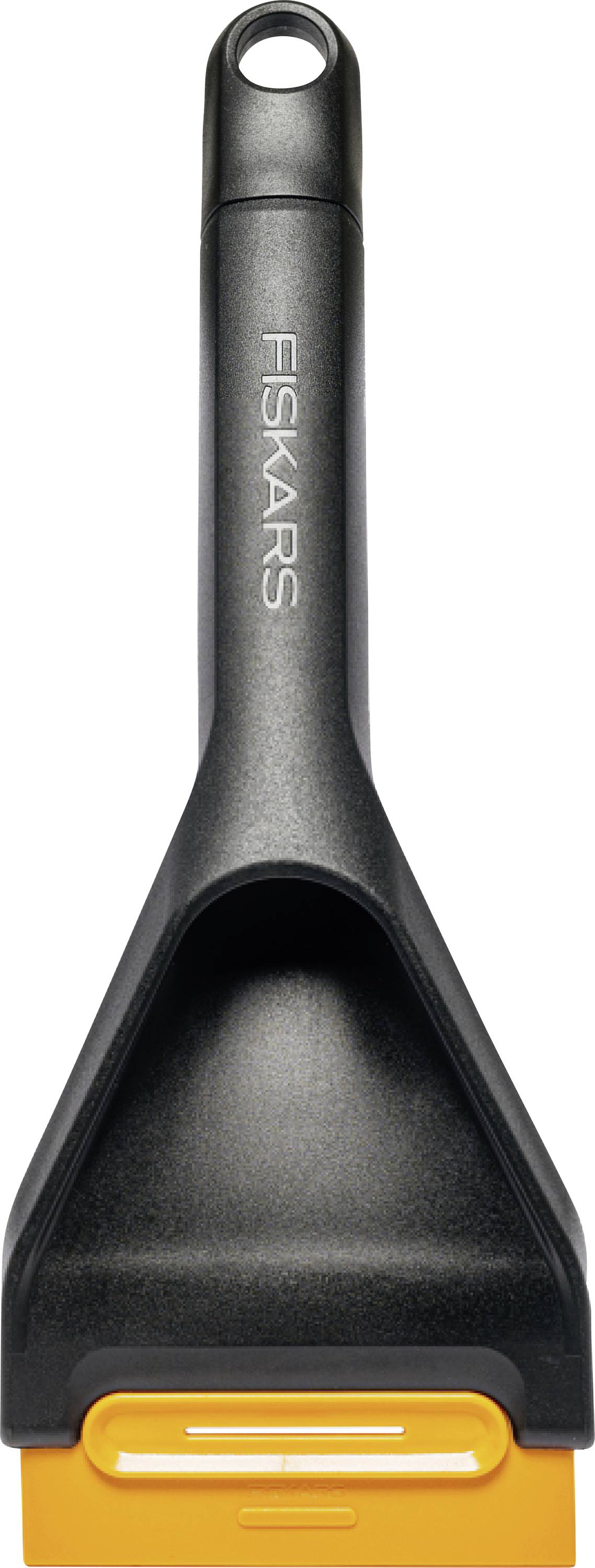 Black Fiskars ice scraper with orange blade on a white background