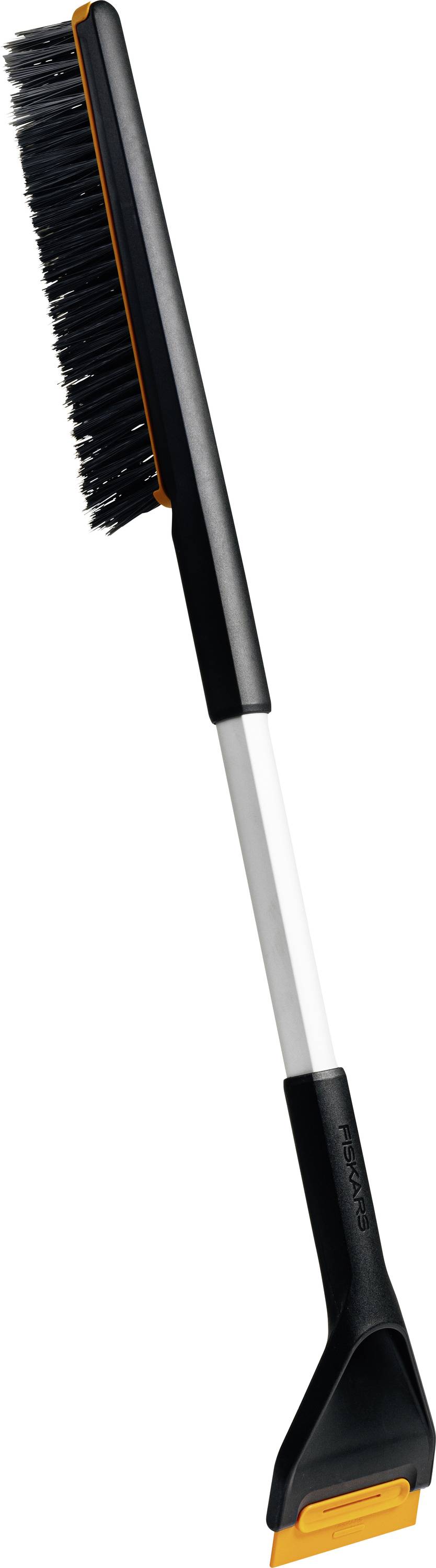 A black broom with orange accents and a white handle, shown upright on a plain background.
