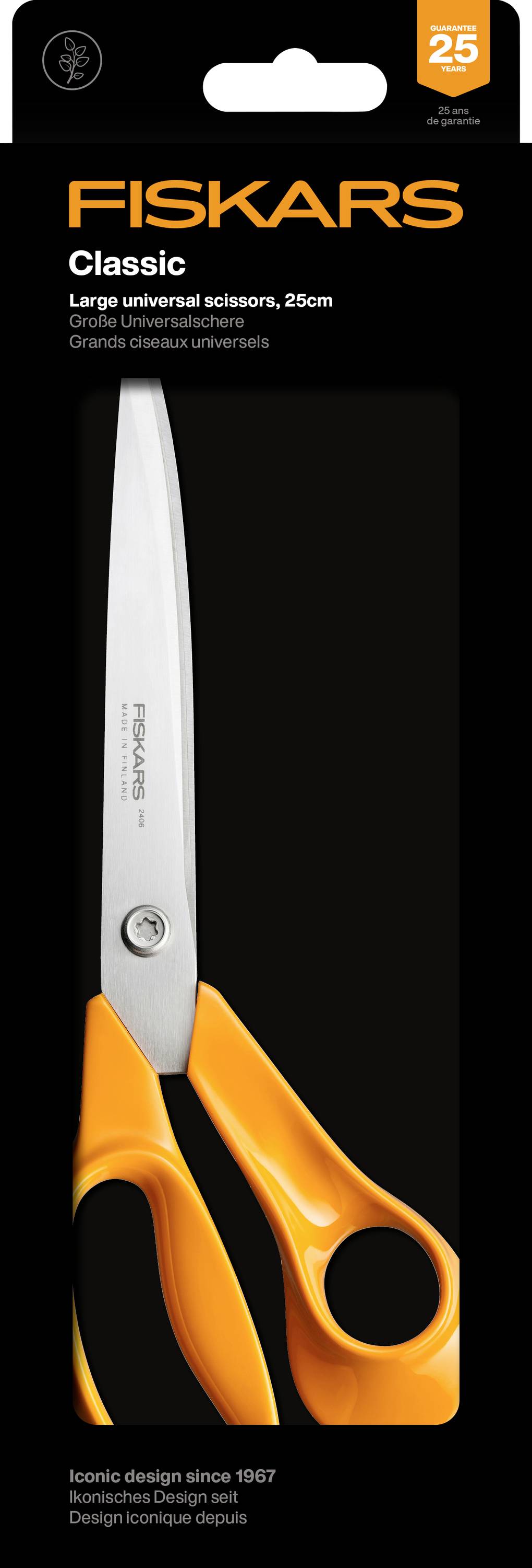 Packaging for Fiskars Classic large universal scissors, 25 cm, showing orange-handled scissors on a black card with 'Iconic design since 1967' text.