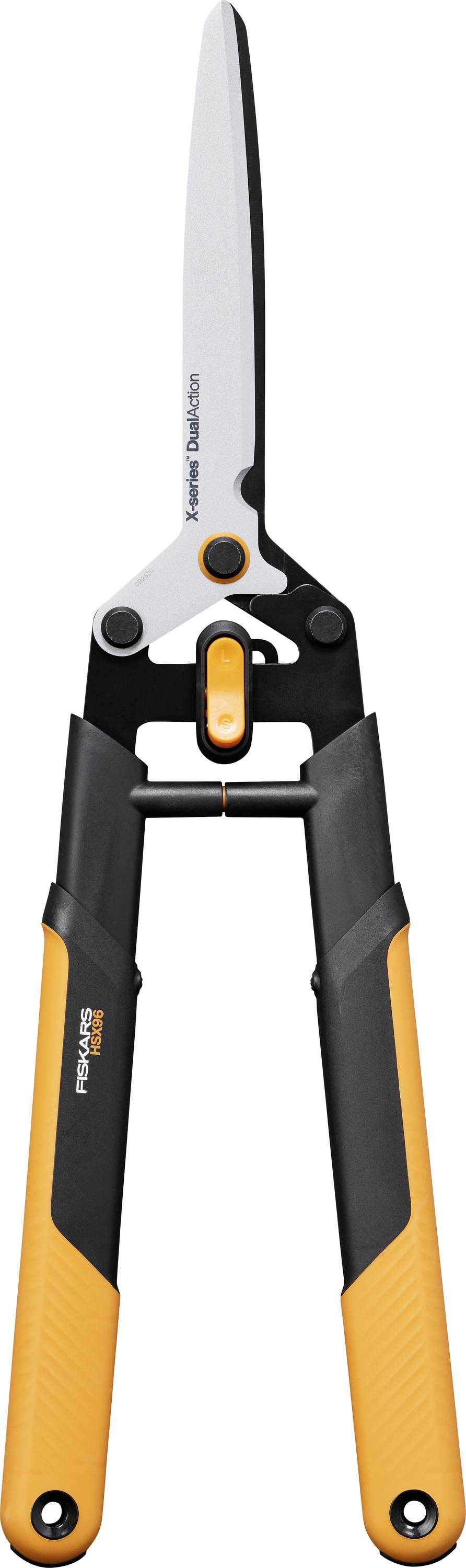 Black-and-orange pruning shears with long handles and a silver blade, shown upright on a white background.