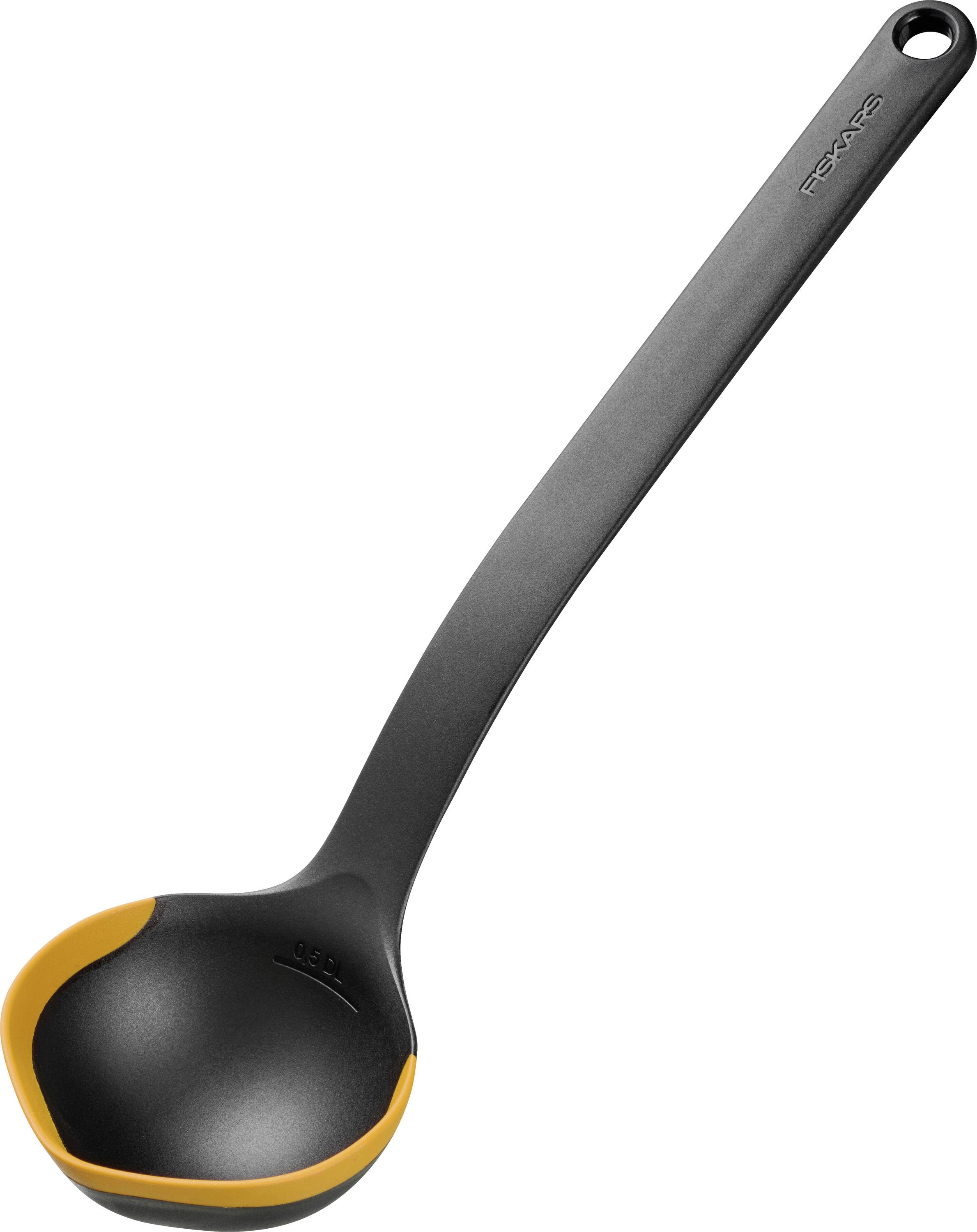 Black Fiskars ladle with an orange rim, shown on a white background.