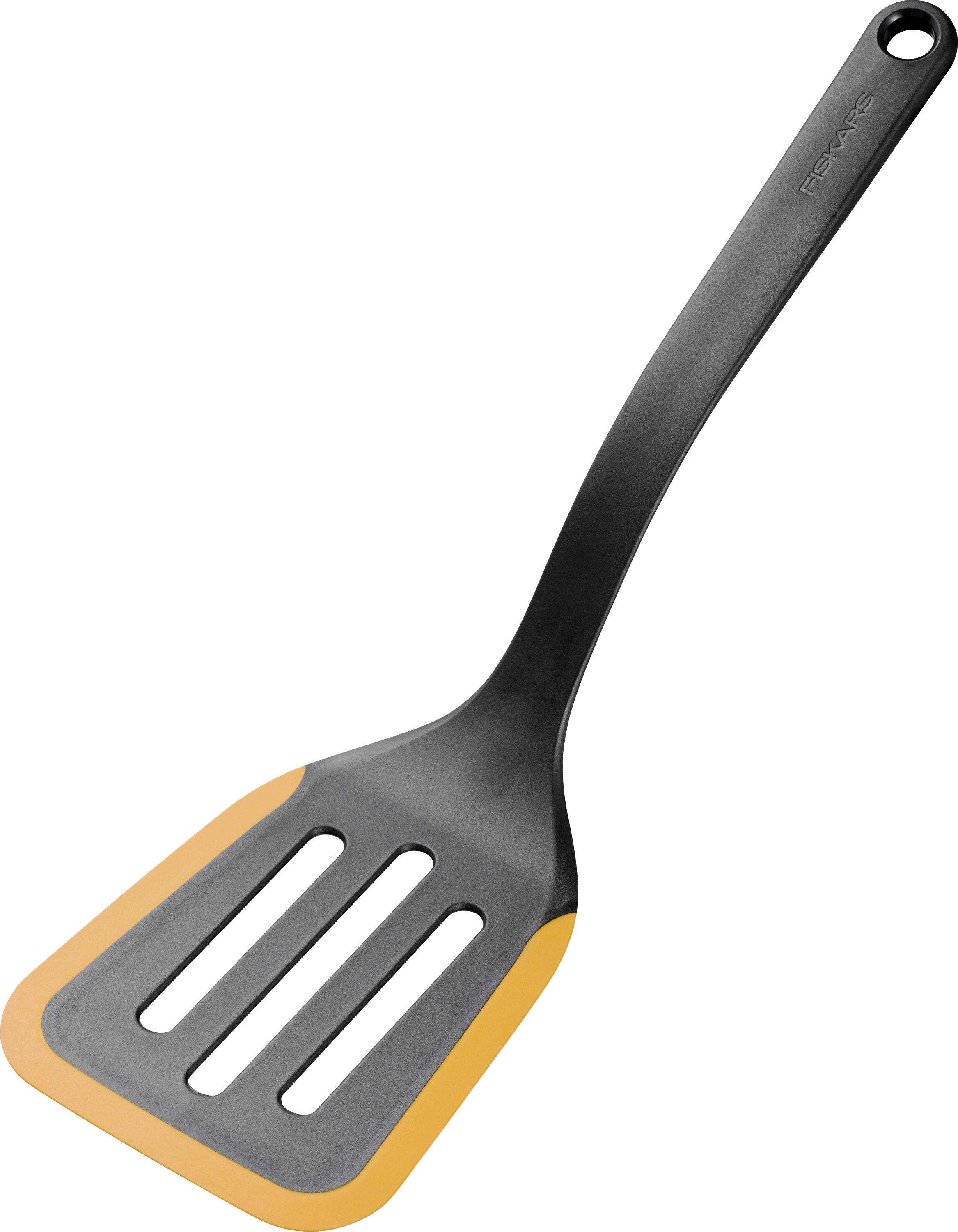 Black and orange slotted kitchen spatula with a long handle and hanging hole, shown on a white background.