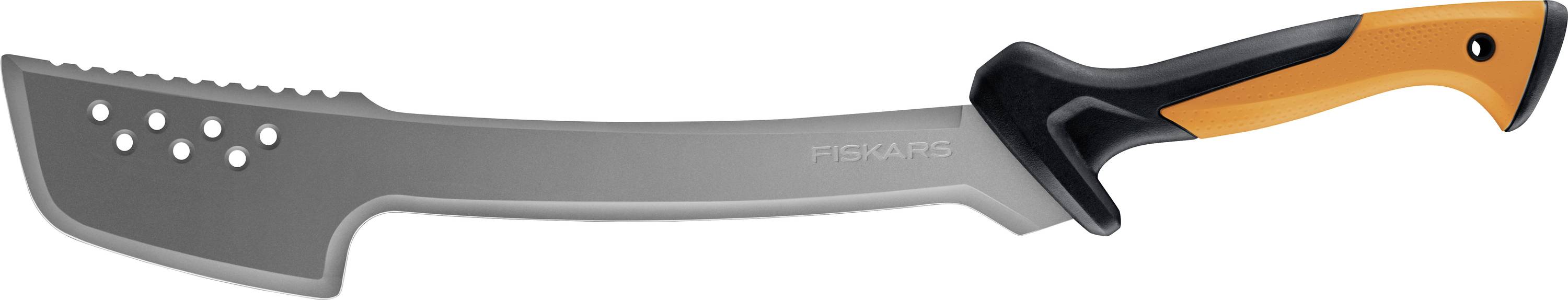 A curved kitchen knife with a gray blade and orange-and-black handle, shown on a white background.