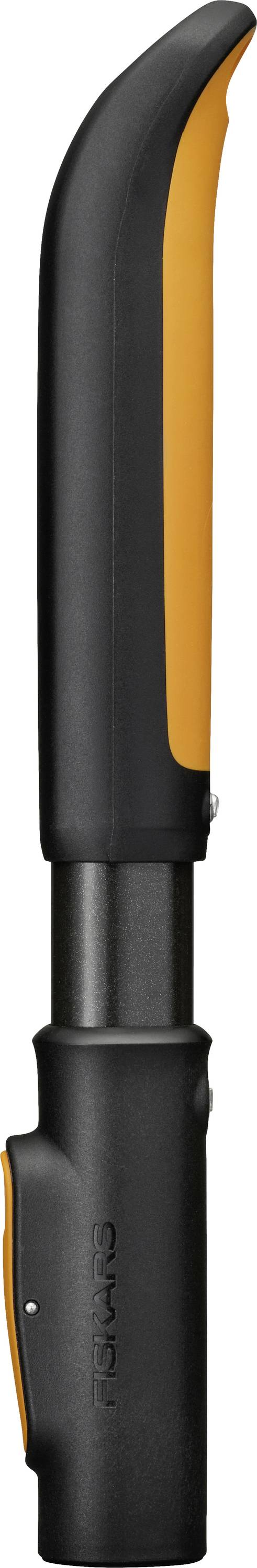 Black and orange handheld tool with a long curved top, likely a cordless power tool handle or drill body, shown on a white background