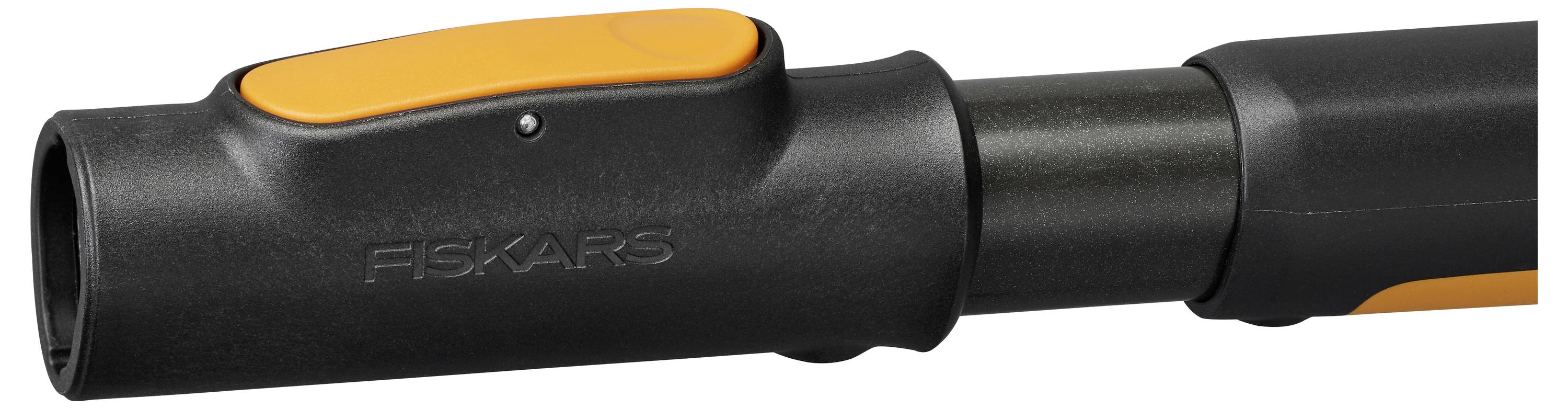 Close-up of a black Fiskars tool handle with an orange thumb button, shown horizontally on a white background.