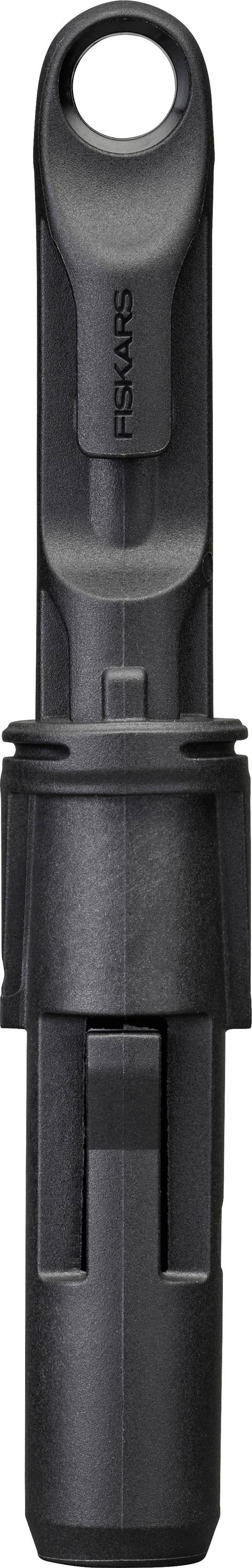 Black plastic clip or connector with a circular hole at the top and a sliding latch on the body, shown on a white background.