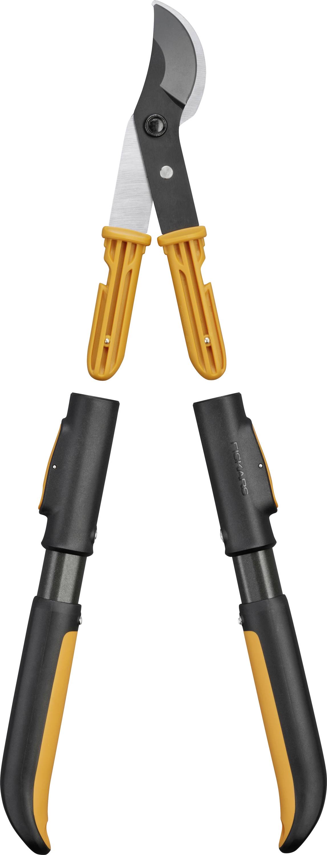 Bypass pruning shears with black and orange handles, shown separated into two parts on a white background.