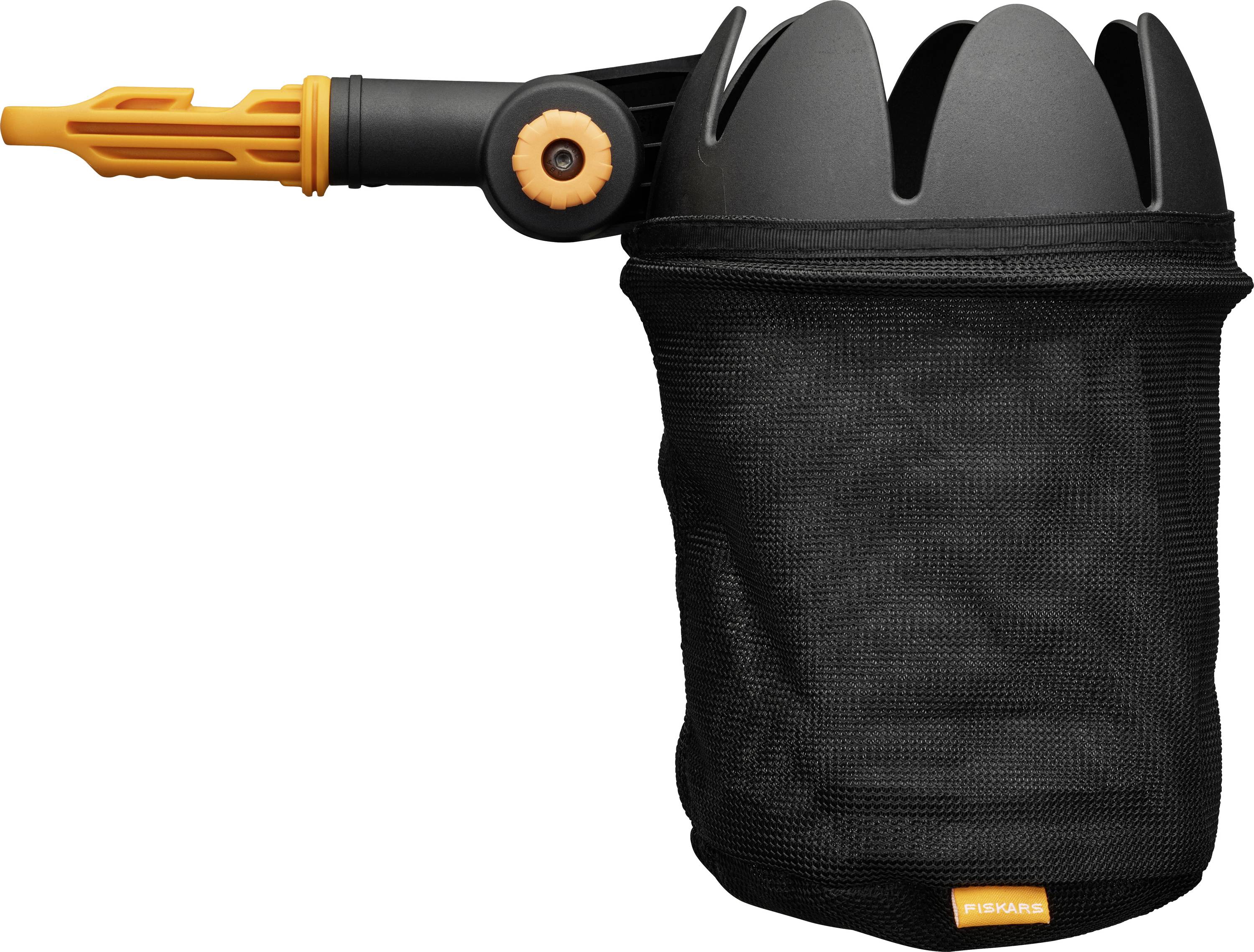 Black mesh garden tool caddy with orange nozzle or hand tool attached, isolated on white background.