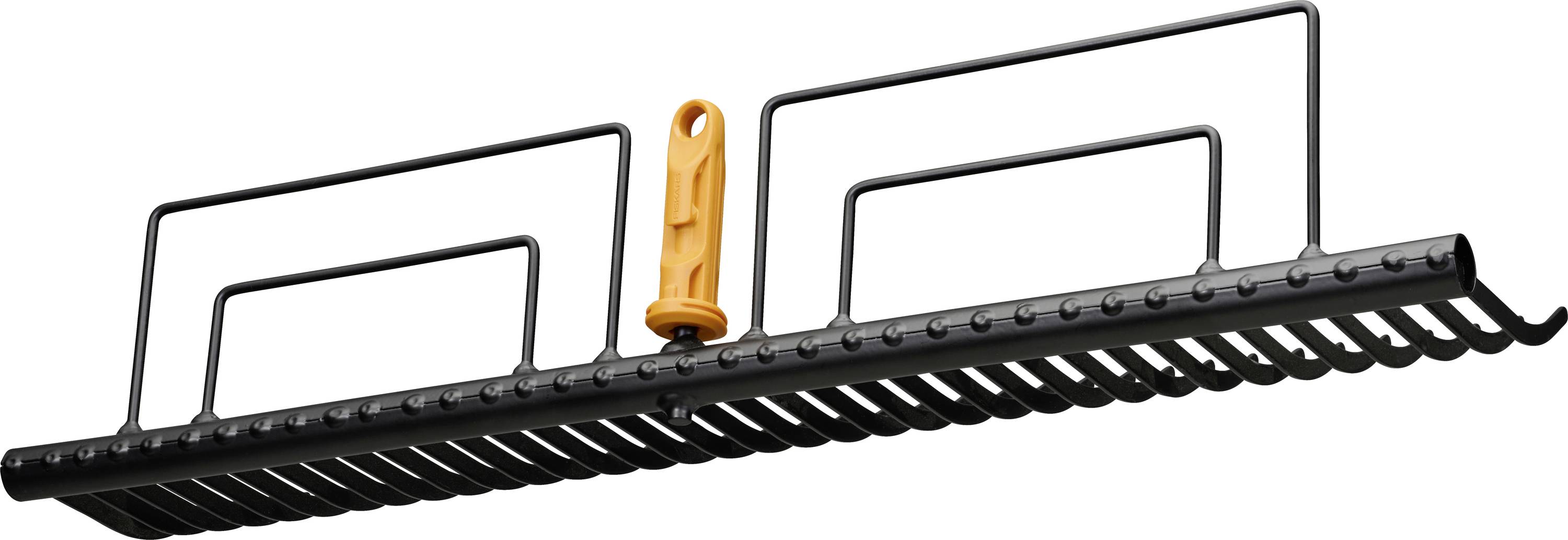 A black garden rake with an orange handle and two metal rods attached, shown isolated on a white background.
