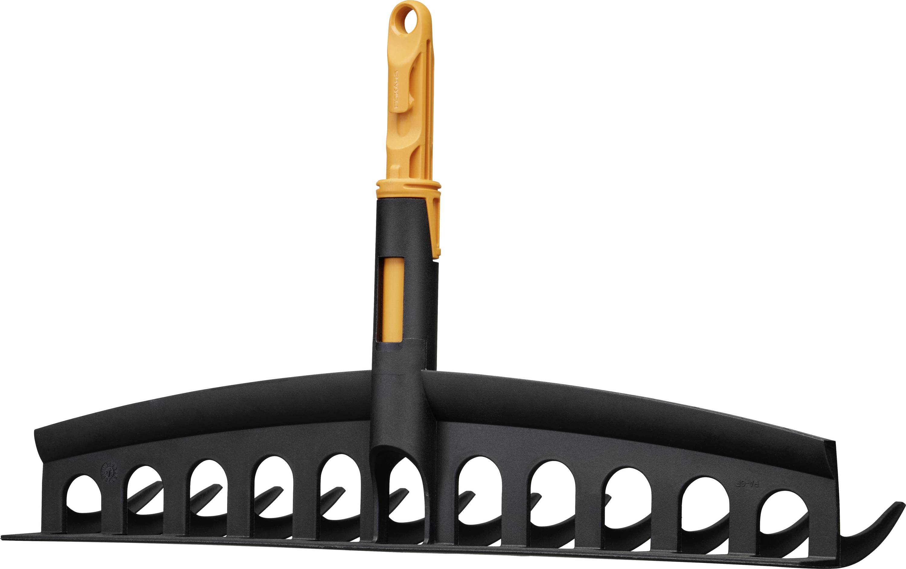 Black and orange snow shovel head with a long handle, shown isolated on a white background.