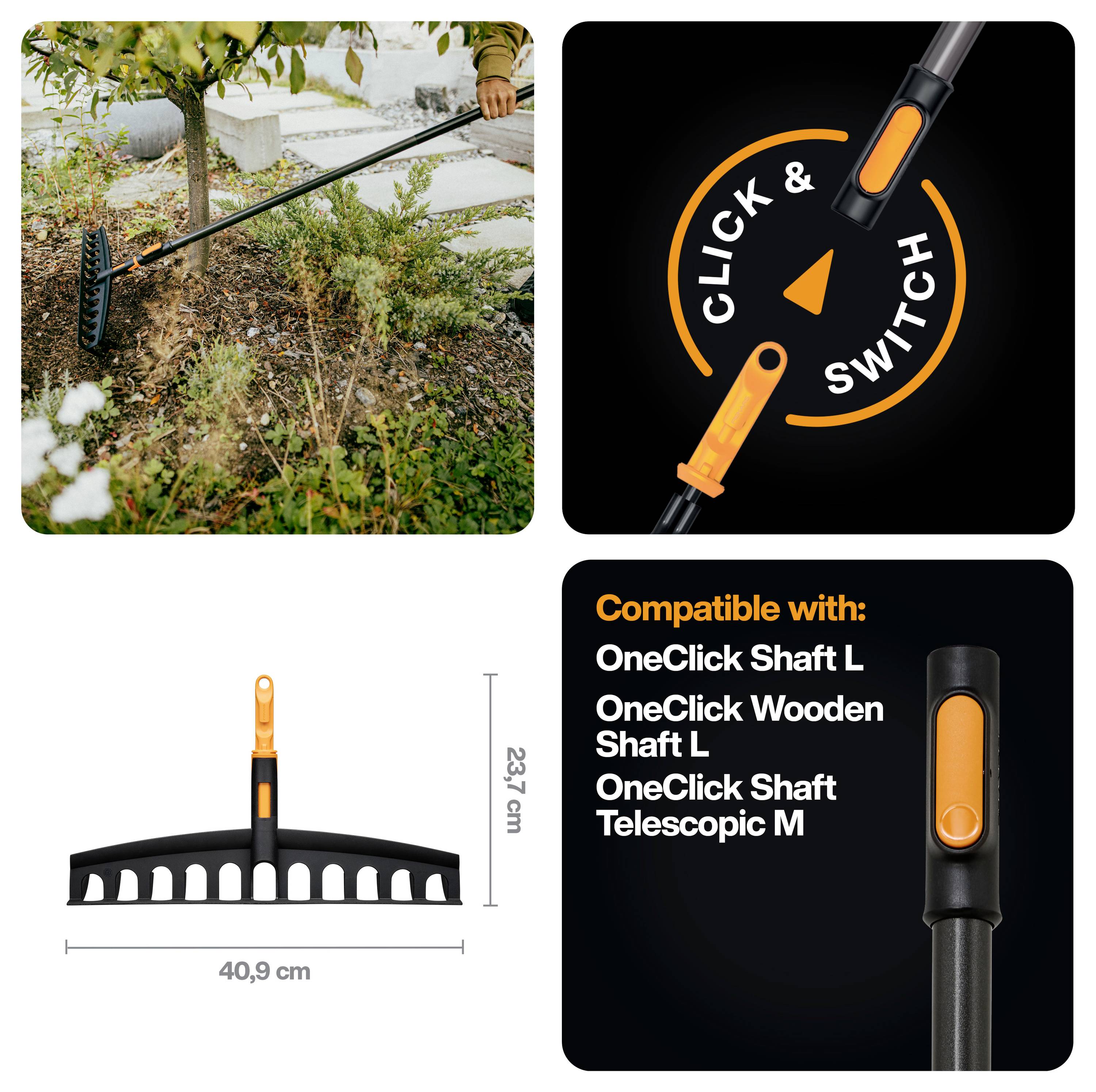 Collage showing a garden rake attachment in use, a 'CLICK & SWITCH' tool connection, the rake size 40.9 cm by 23.7 cm, and compatibility with OneClick shafts.