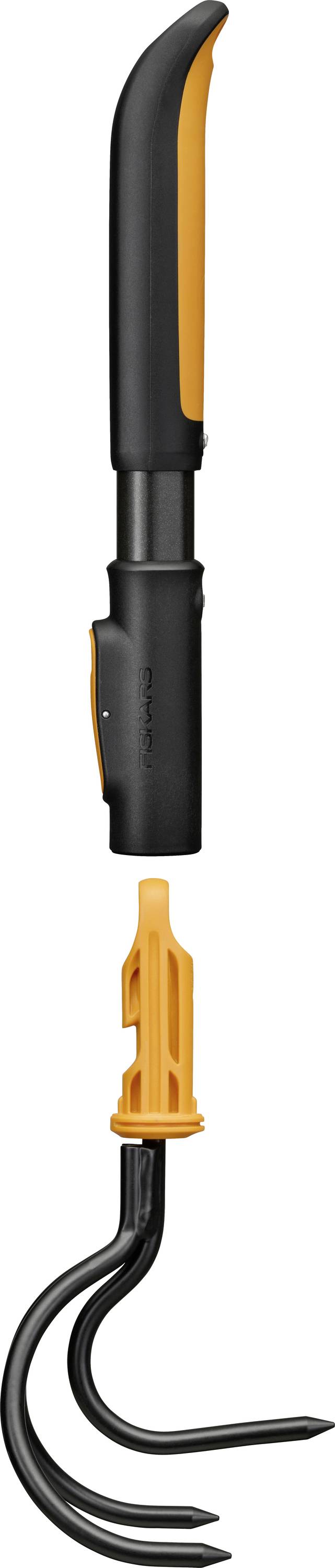 Black and orange hand tool with a long curved hook and cable-like tip, shown disassembled with an orange connector piece floating below.