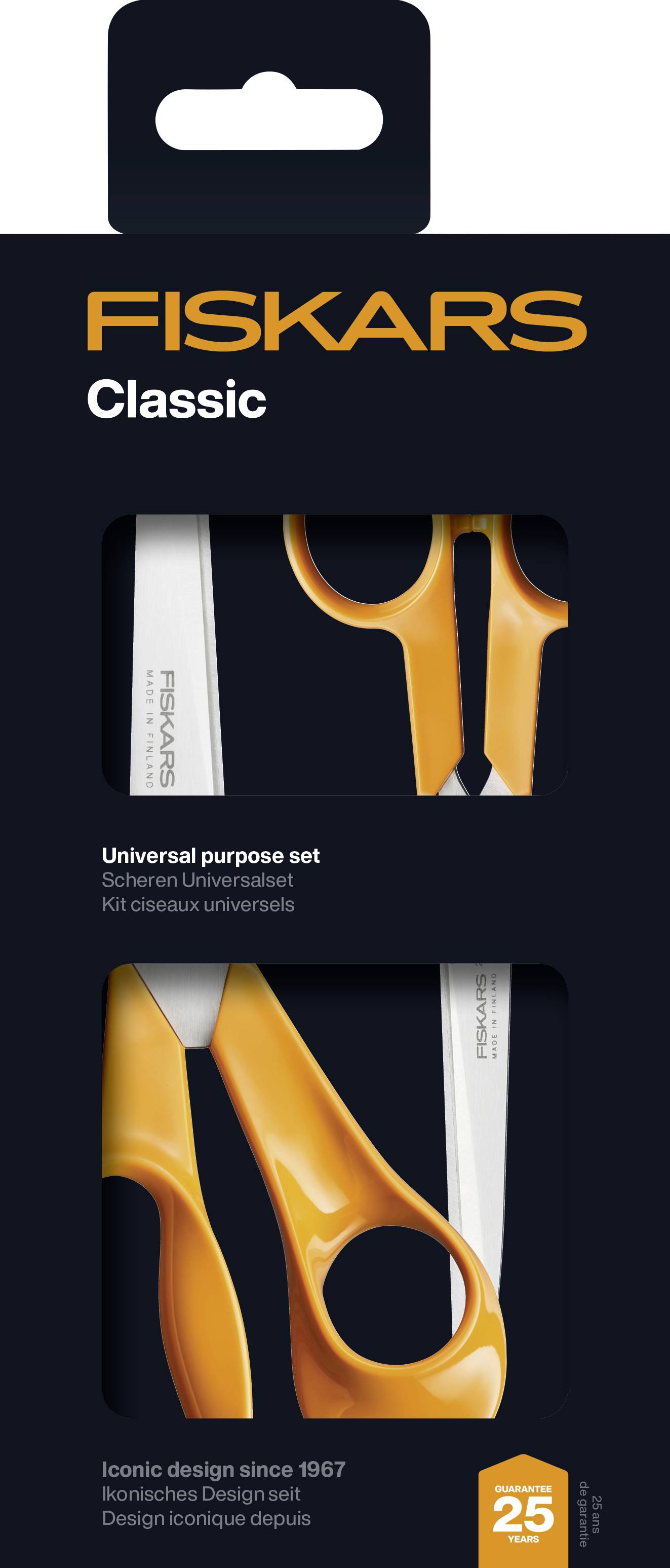 Package of Fiskars Classic scissors and universal purpose knife set in black and orange branding, showing product images and '25' anniversary mark.