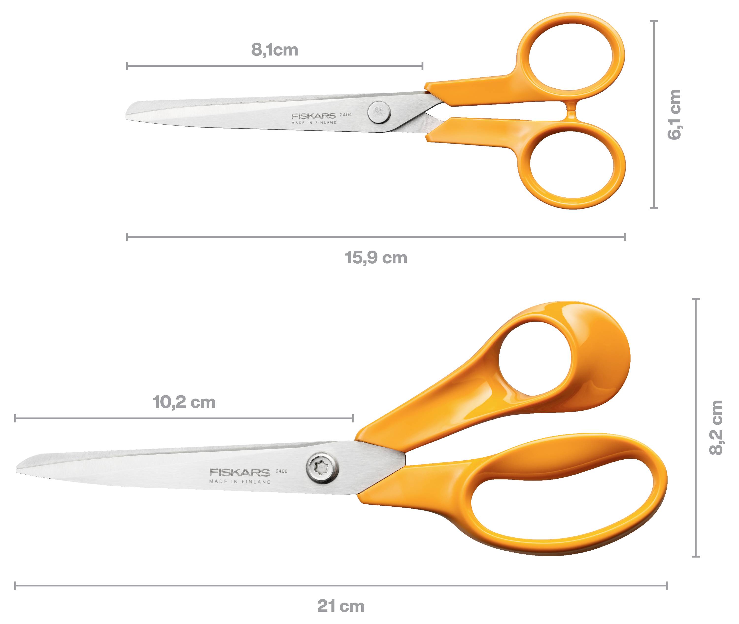 Comparison image of two Fiskars orange scissors with measurements: top pair 15.9 cm long and 6.1 cm high; bottom pair 21 cm long and 8.2 cm high.