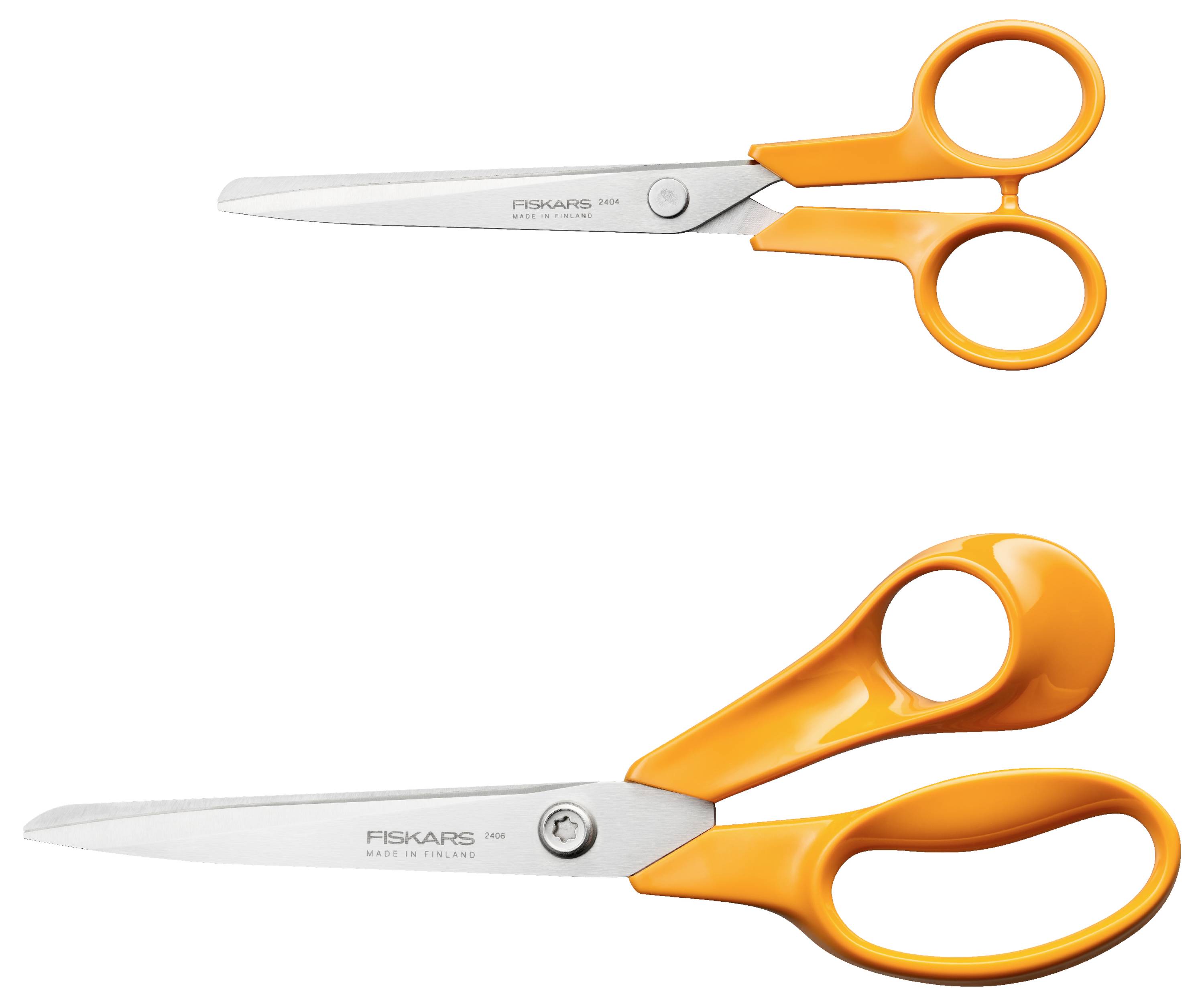 Two pairs of Fiskars scissors on a white background, one small and one large, both with bright orange handles and silver blades.