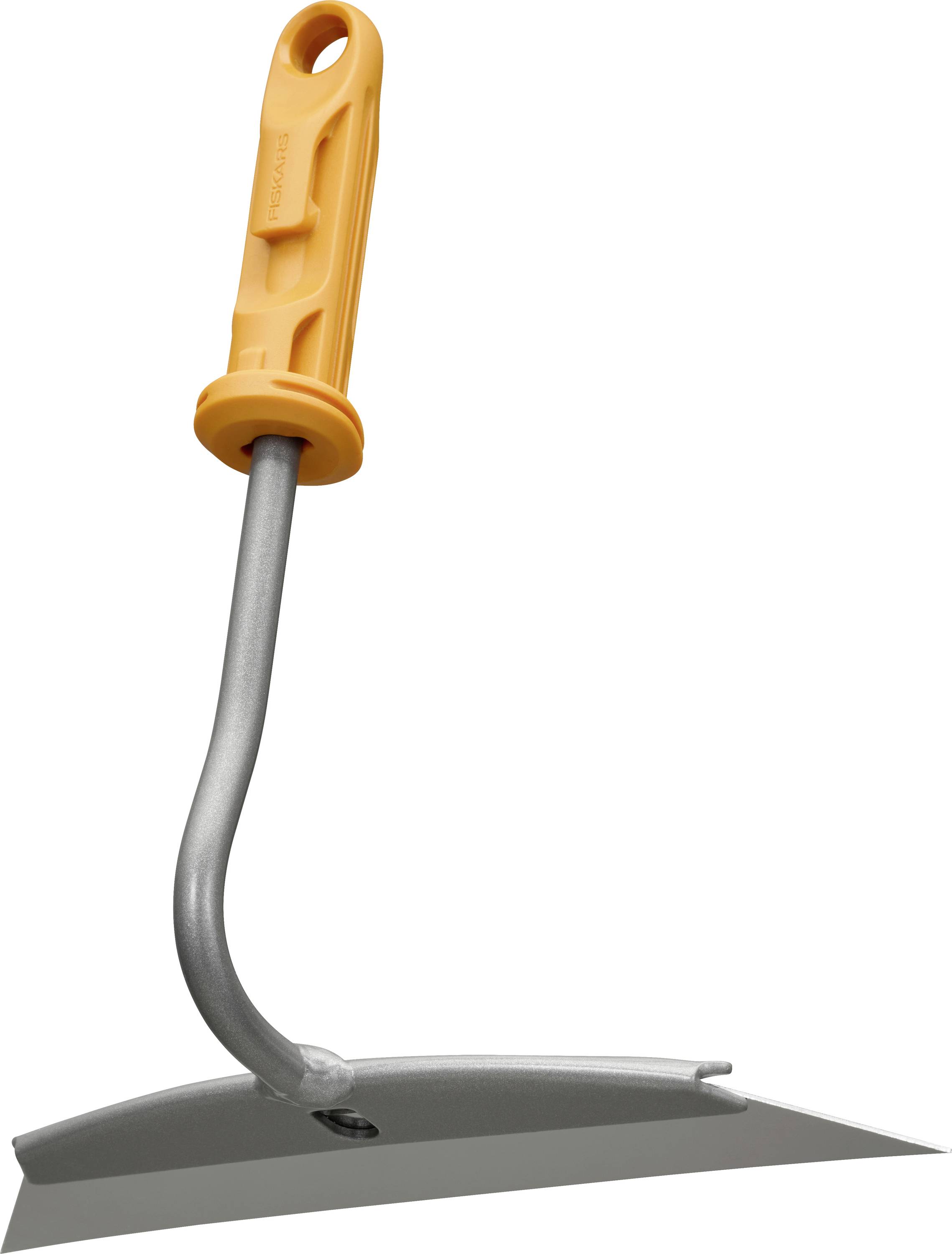 Orange-handled garden hoe with a curved metal shaft and flat gray blade on a white background.
