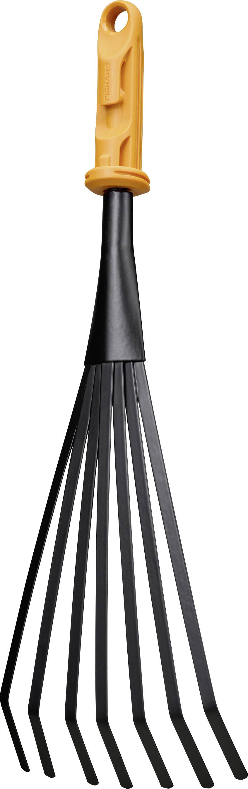 Orange-handled garden hand rake with six black metal tines on a white background.