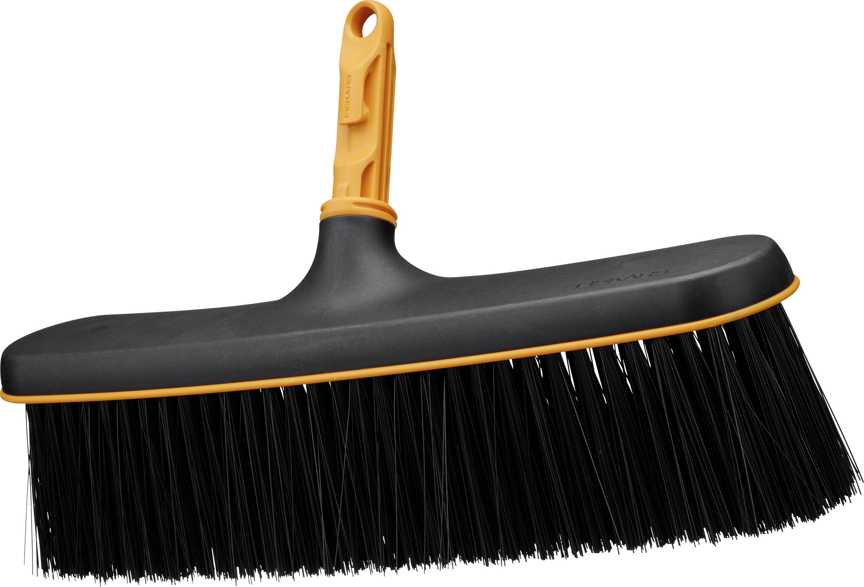 Black push broom with orange handle and trim on a white background.