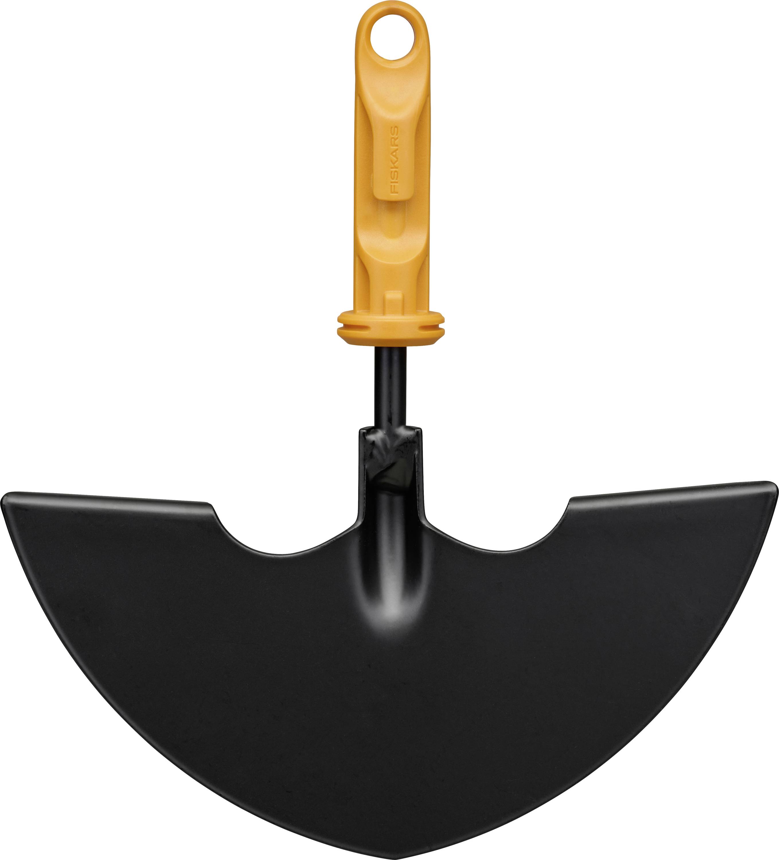 Black garden hand hoe with a wide crescent-shaped blade and orange handle on a white background.