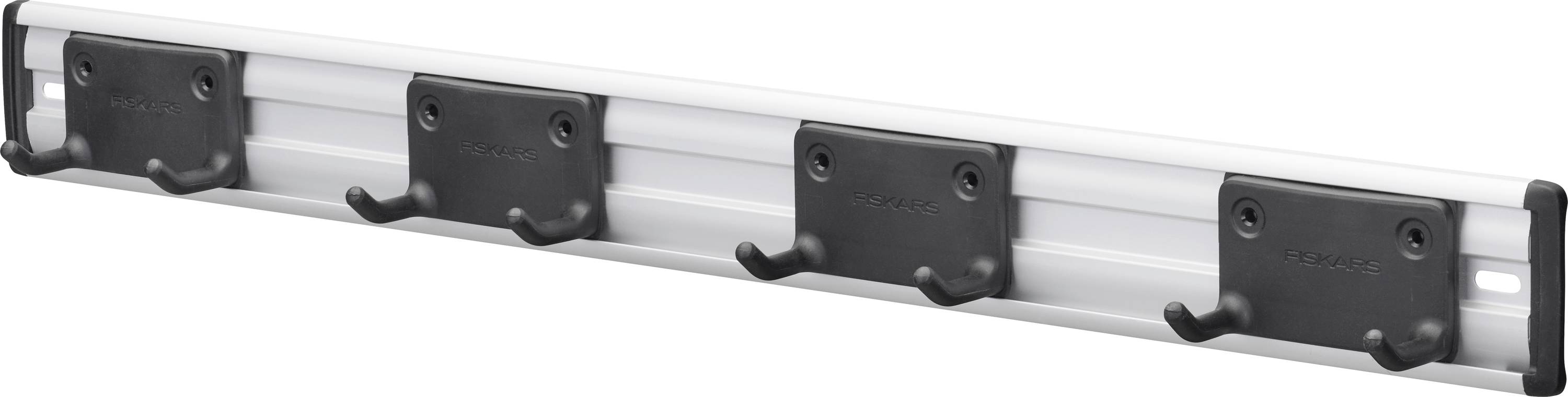 Wall-mounted aluminum coat rack with four black hook panels for hanging jackets, bags, or accessories.