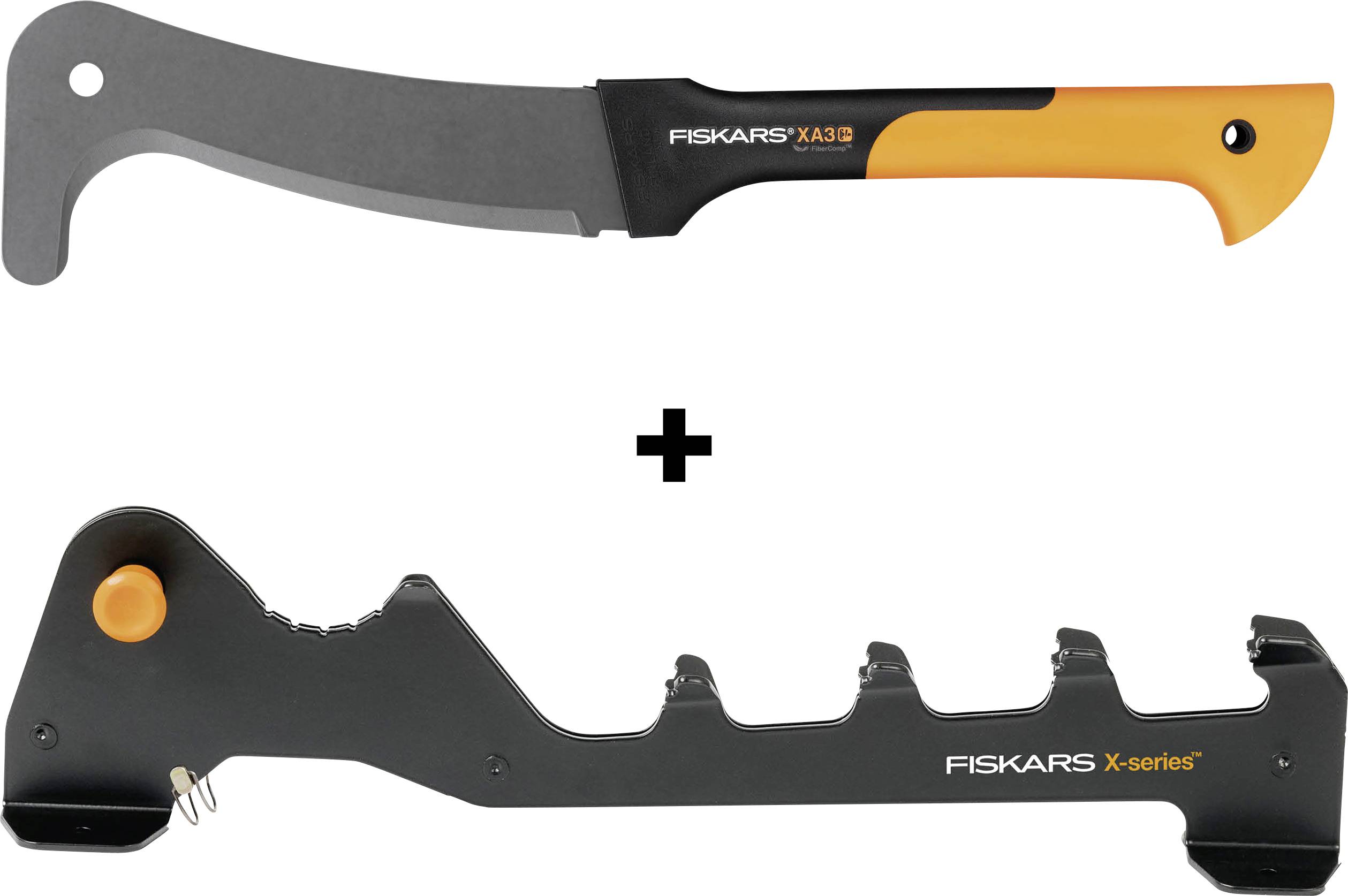 Fiskars axe and sharpener shown together, with the axe above and the orange-and-black sharpener below, linked by a plus sign.