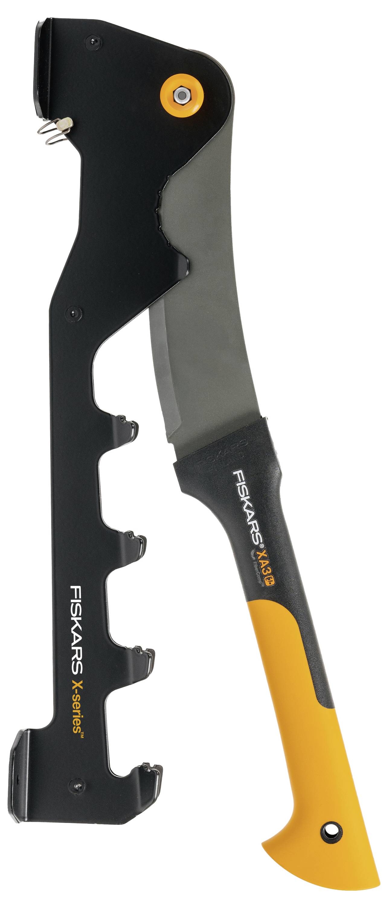 Black and orange Fiskars Xact garden tool with a curved blade and hooked left edge, shown isolated on a white background.