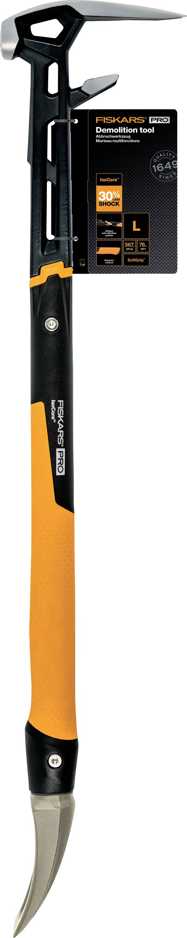 A black-and-orange handled pickaxe with a curved metal pick and pointed adze, shown with product packaging beside it.