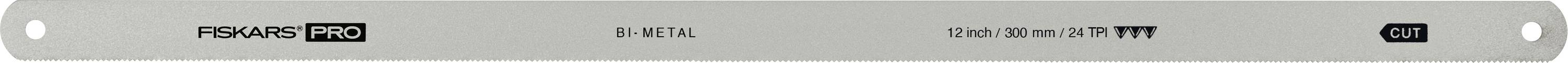 Metal cutting saw blade labeled 'FISKARS PRO' and 'BI-METAL', with 'CUT' at the right end.