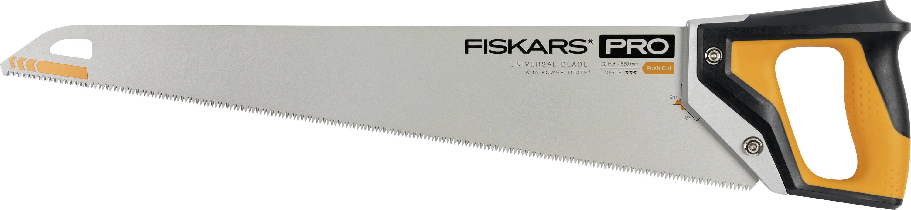 Fiskars Pro hand saw with gray blade and orange-black handle, shown in side view on a white background.