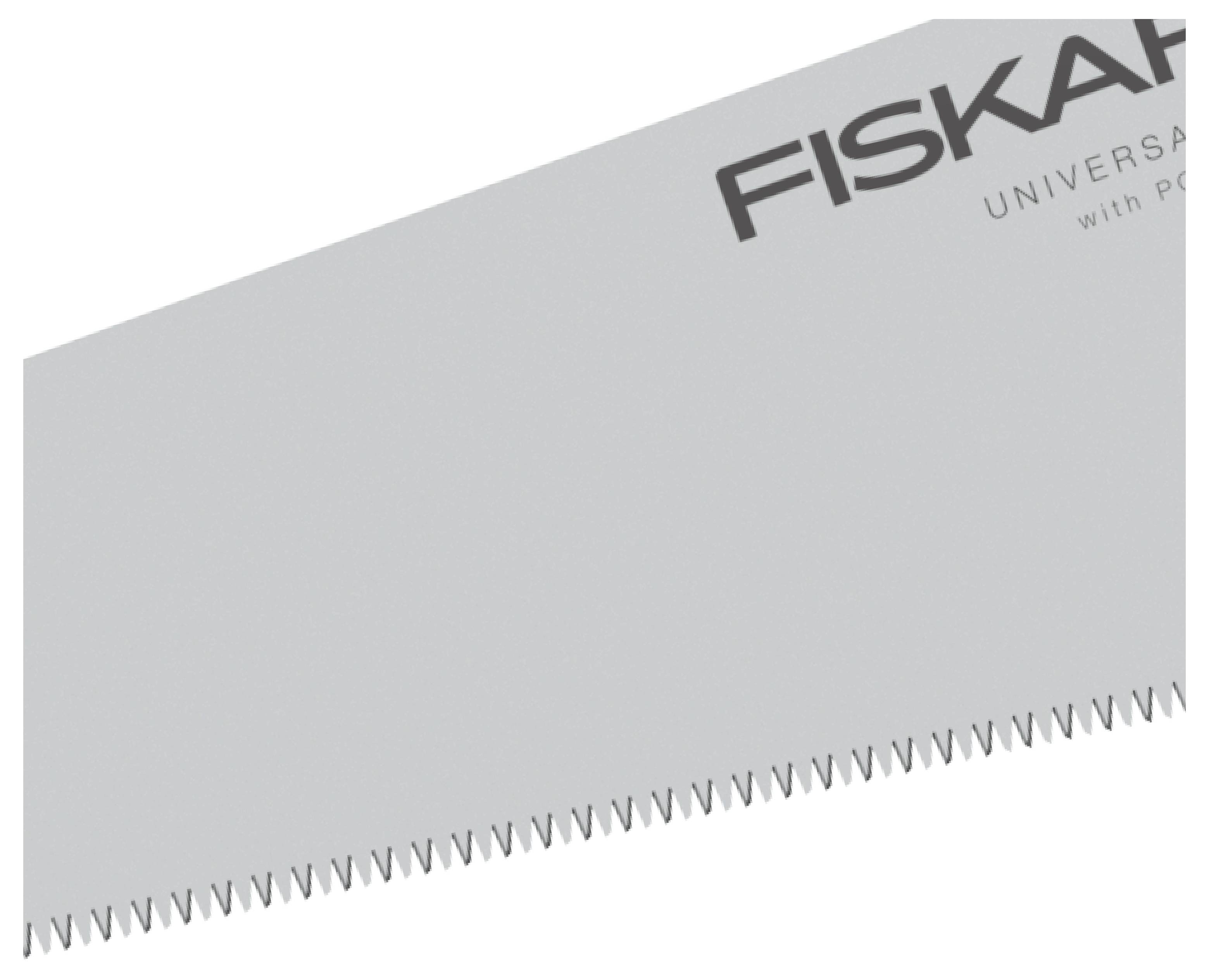 Close-up of a Fiskars hand saw blade with fine teeth along one edge on a white background.
