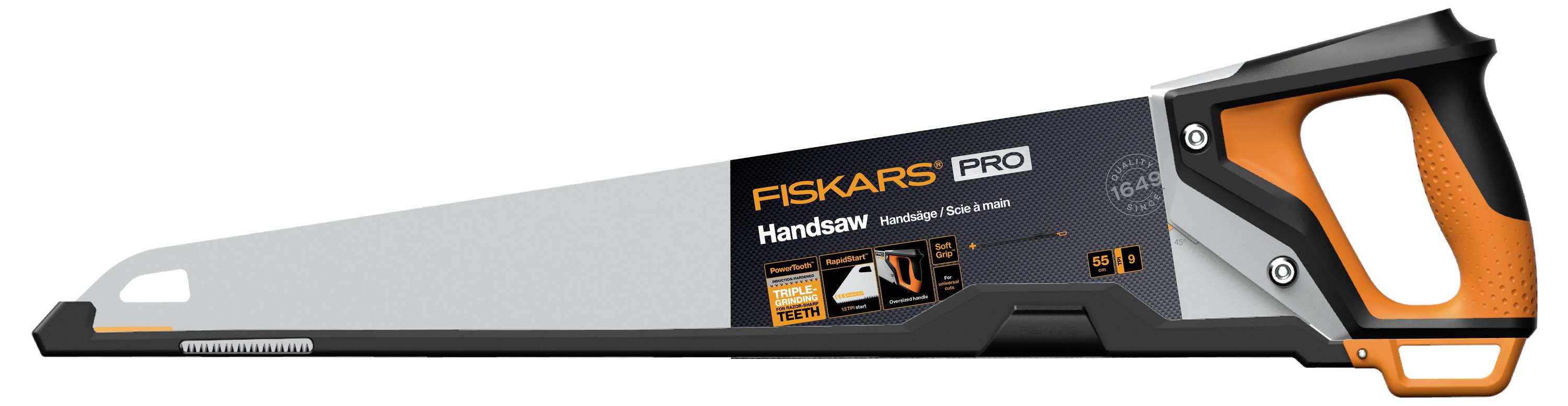 Black and orange Fiskars Pro handsaw with long silver blade and ergonomic grip, shown side view on a white background.