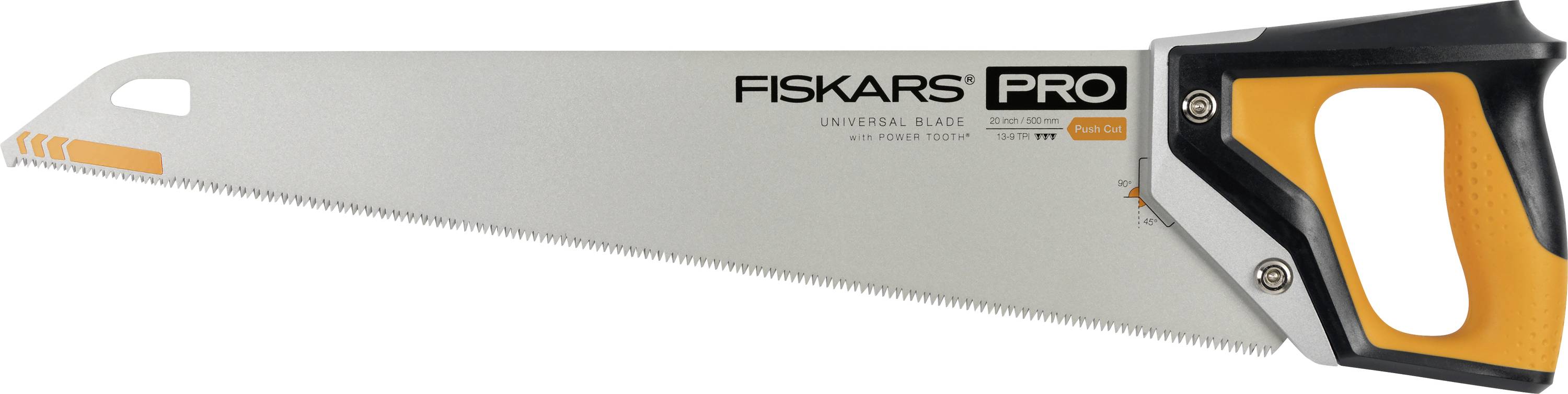 A Fiskars Pro hand saw with a long serrated blade and orange-and-black handle, shown in side view.