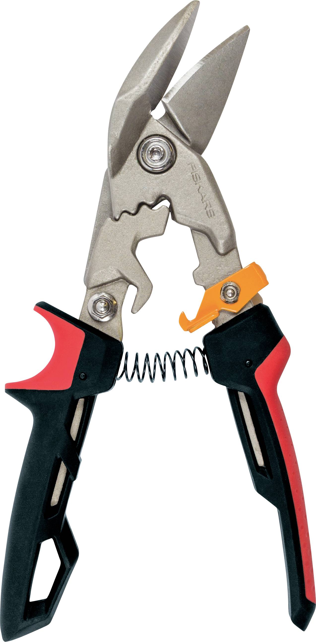 Hand pruners with black and red handles and open metal blades, shown isolated on a white background.