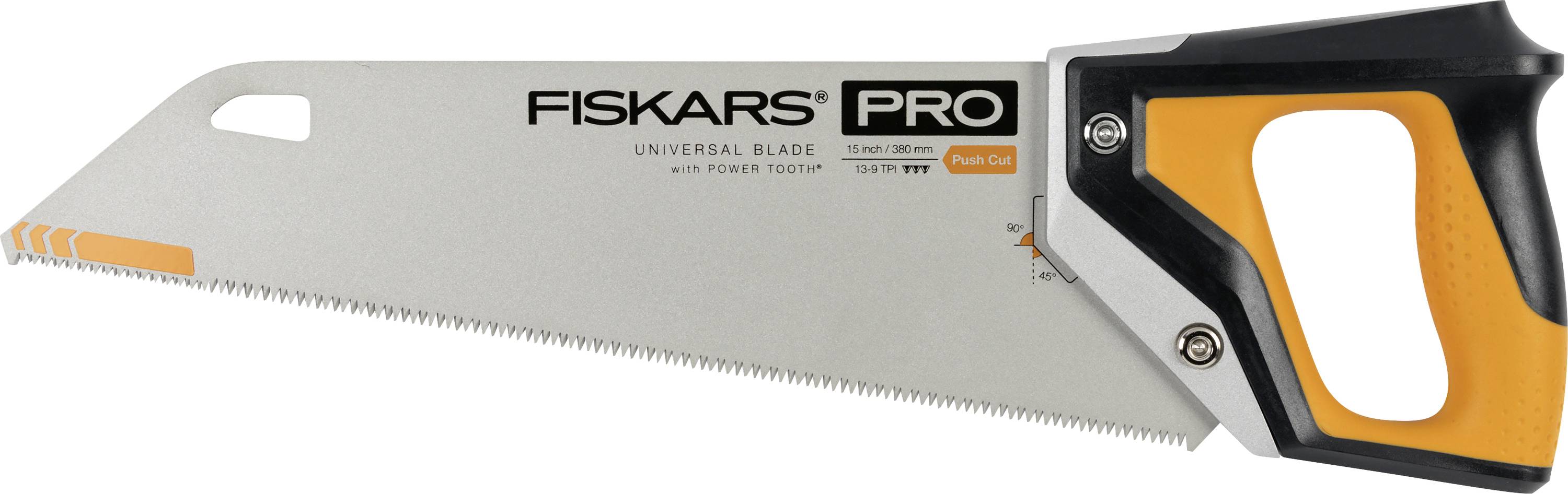 Fiskars Pro universal hand saw with orange-and-black handle and serrated blade, shown side view on a white background.