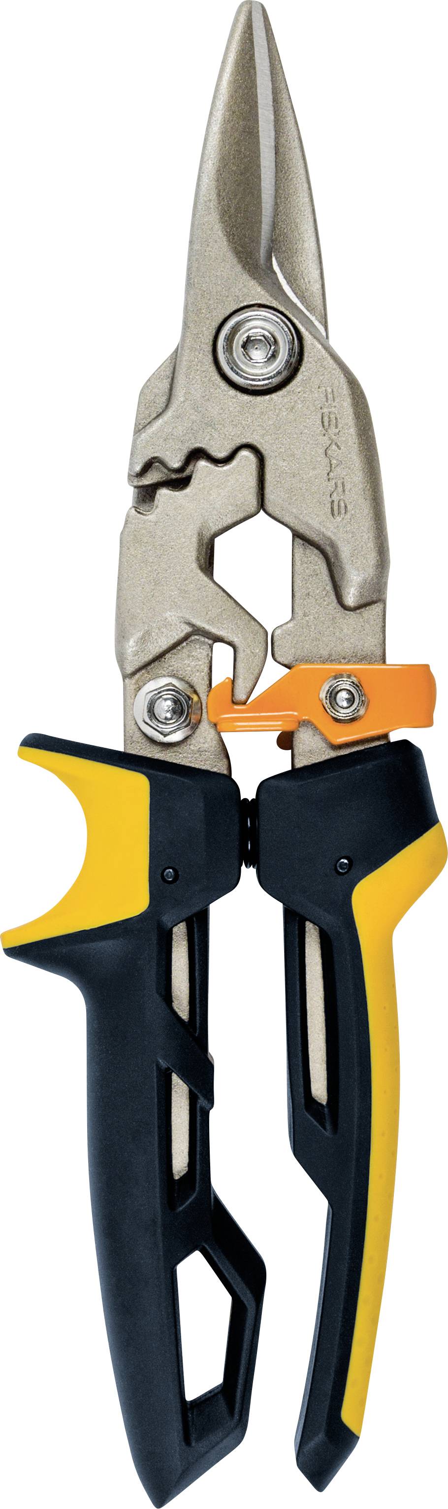 Close-up of a black and yellow pruning shear with a metal blade and orange safety lock, shown against a white background.
